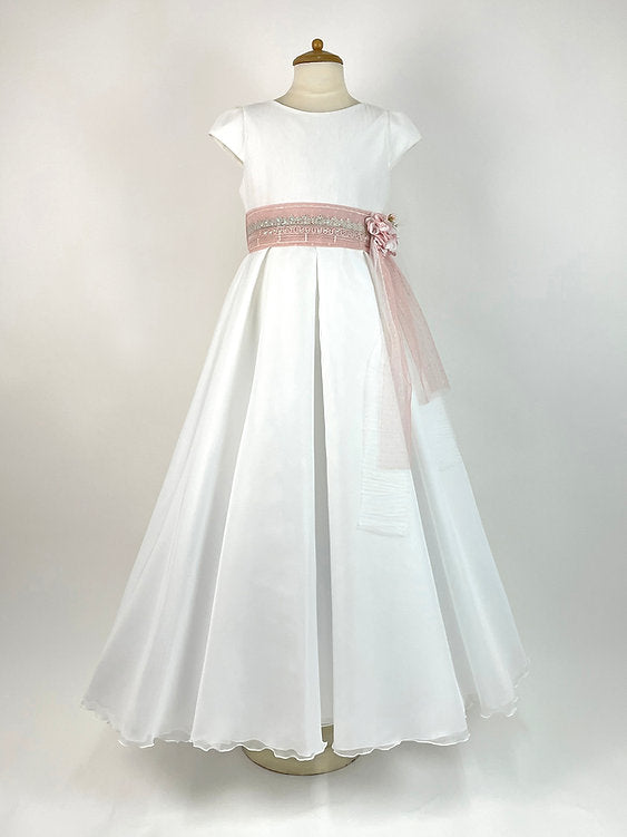 Vestido de Primera Comunión Bernadette - Estilo Clásico con Fajín Rosa y Pedrería