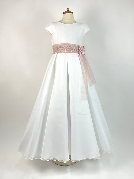 Vestido de Primera Comunión Bernadette - Estilo Clásico con Fajín Rosa y Pedrería