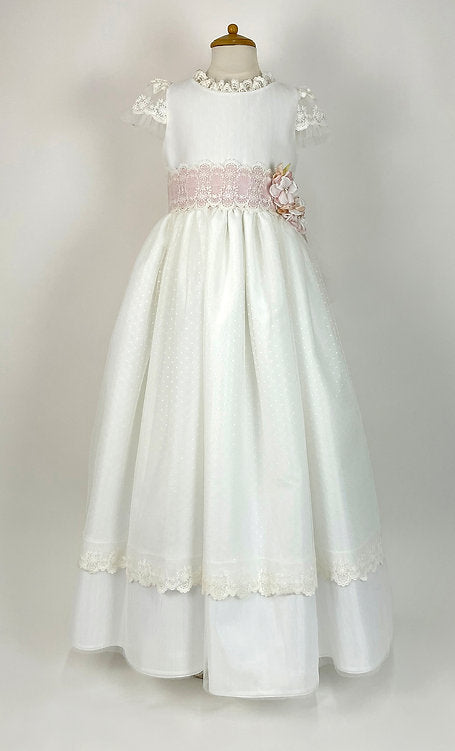 Vestido de Primera Comunión Abbie - Tul de Plumeti y Fajín Rosa Pastel